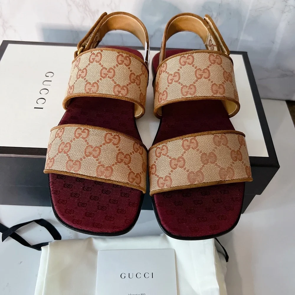 Gucci GG LOGO Monogram Wide Strap Sandal Brown/ Beige Canvas Mens UK 7.5 US 8
